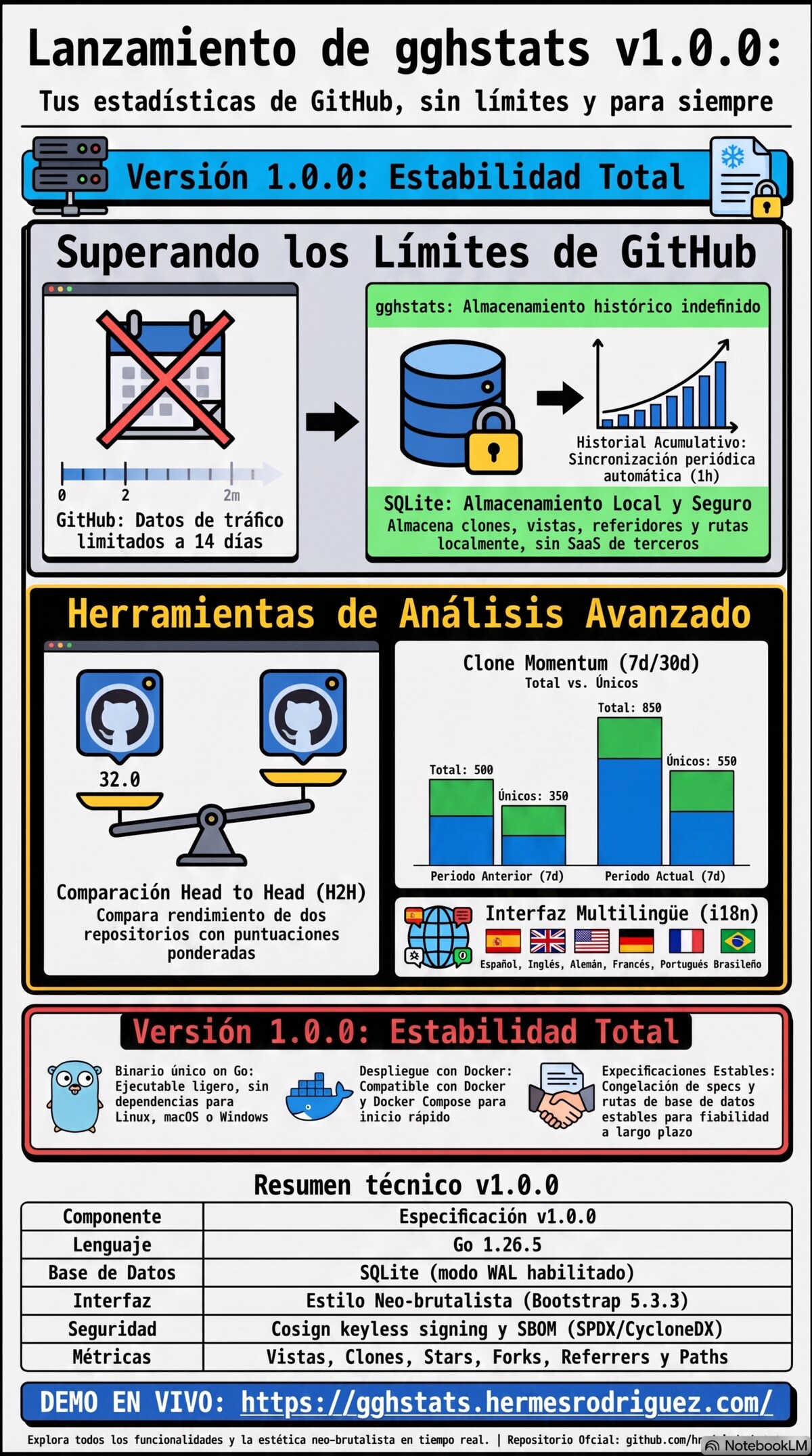 Infografía: estadísticas permanentes de tráfico GitHub con gghstats frente al límite de 14 días de GitHub — SQLite autoalojado, comparativas head-to-head e instalación con Docker, Helm y Homebrew.
