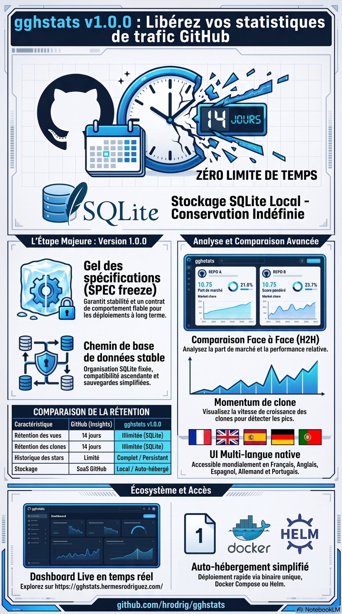 Infographie : analyses de trafic GitHub permanentes avec gghstats face à la limite de 14 jours de GitHub — SQLite auto-hébergé, scores head-to-head et déploiement Docker, Helm et Homebrew.